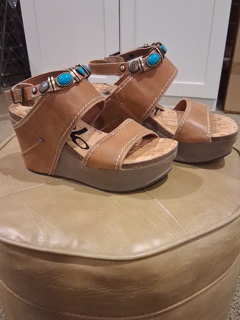 OTBT Wedge Sandals with Turquoise Accents - Tan